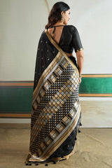 Unique Black Pure Zari Weaving Banarasi Tussar Silk Saree With Seraglio Blouse Piece