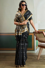 Unique Black Pure Zari Weaving Banarasi Tussar Silk Saree With Seraglio Blouse Piece
