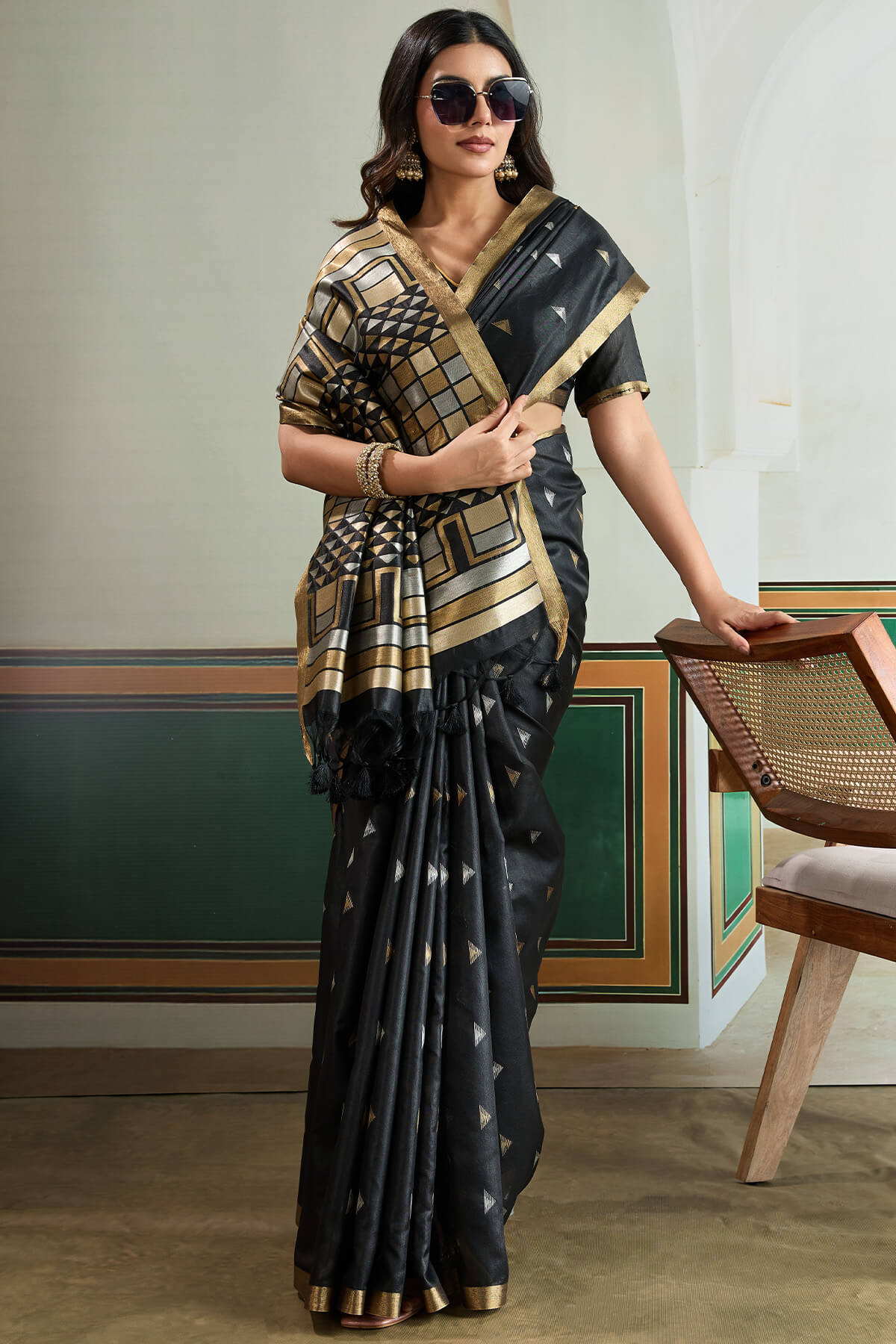 Unique Black Pure Zari Weaving Banarasi Tussar Silk Saree With Seraglio Blouse Piece