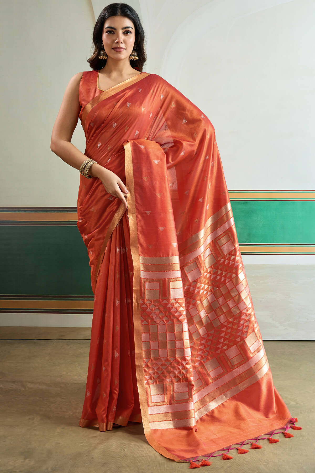 Adorable Peach Pure Zari Weaving Banarasi Tussar Silk Saree With Incomparable Blouse Piece