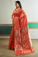 Adorable Peach Pure Zari Weaving Banarasi Tussar Silk Saree With Incomparable Blouse Piece