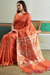 Adorable Peach Pure Zari Weaving Banarasi Tussar Silk Saree With Incomparable Blouse Piece