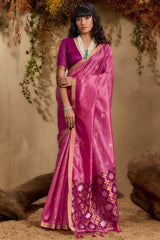 Epiphany Pink Pure Zari Weaving Banarasi Tussar Silk Saree With Beauteous Blouse Piece