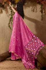 Epiphany Pink Pure Zari Weaving Banarasi Tussar Silk Saree With Beauteous Blouse Piece