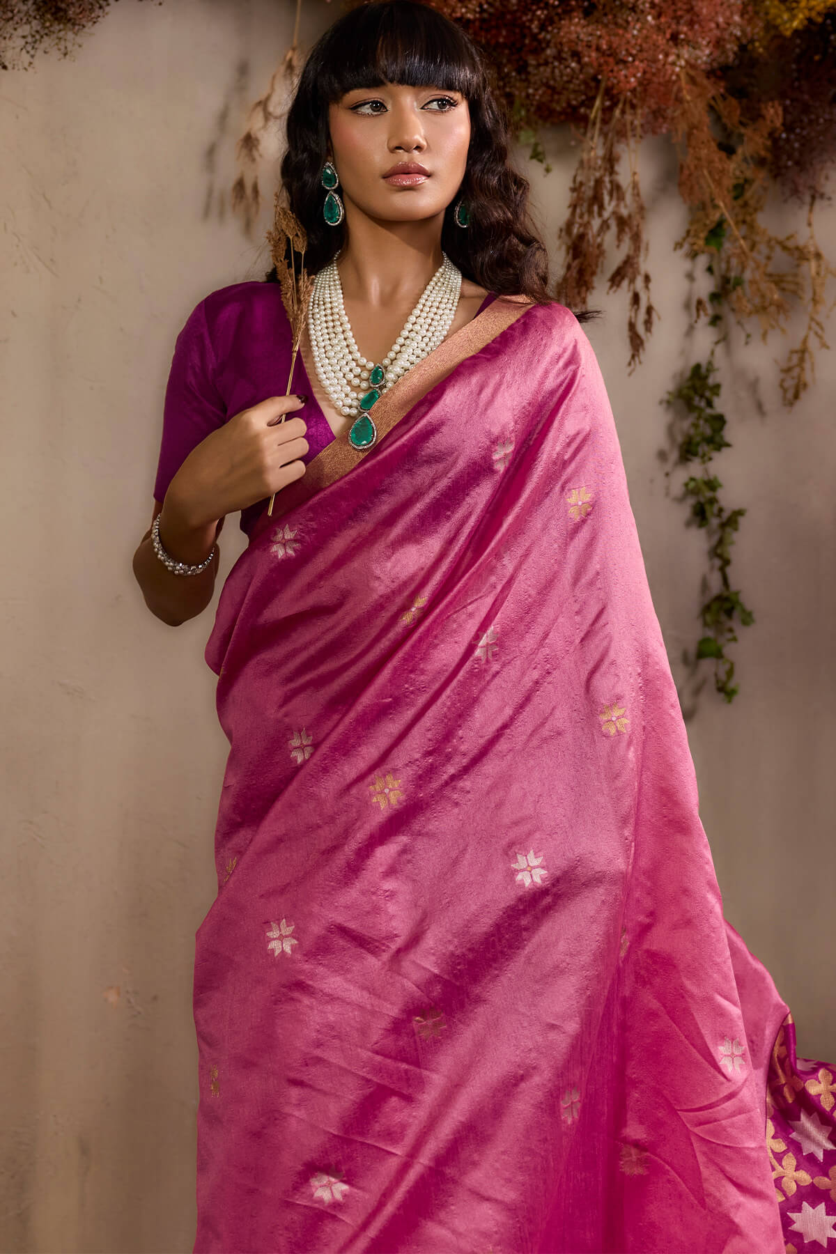 Epiphany Pink Pure Zari Weaving Banarasi Tussar Silk Saree With Beauteous Blouse Piece