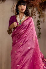 Epiphany Pink Pure Zari Weaving Banarasi Tussar Silk Saree With Beauteous Blouse Piece