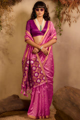 Epiphany Pink Pure Zari Weaving Banarasi Tussar Silk Saree With Beauteous Blouse Piece