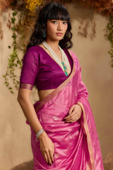 Epiphany Pink Pure Zari Weaving Banarasi Tussar Silk Saree With Beauteous Blouse Piece