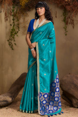 Preferable Firozi Pure Zari Weaving Banarasi Tussar Silk Saree With Enthralling Blouse Piece