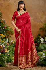 Ethnic Red Banarasi Tussar Silk Saree With Hypnotic Blouse Piece