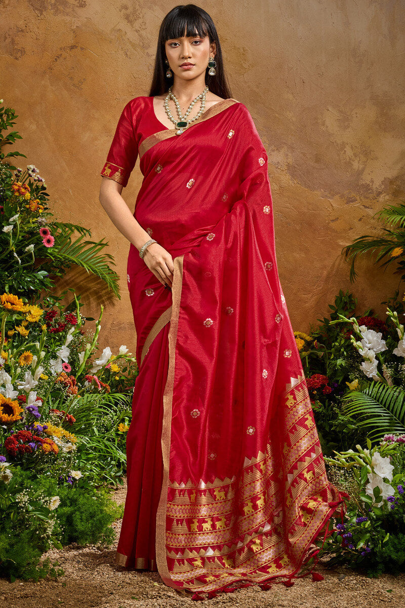 Ethnic Red Banarasi Tussar Silk Saree With Hypnotic Blouse Piece
