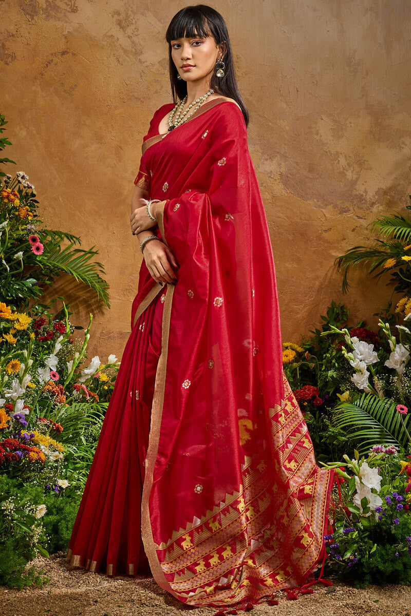 Ethnic Red Banarasi Tussar Silk Saree With Hypnotic Blouse Piece