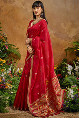 Ethnic Red Banarasi Tussar Silk Saree With Hypnotic Blouse Piece