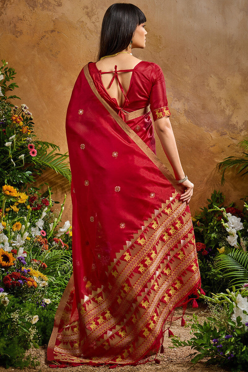 Ethnic Red Banarasi Tussar Silk Saree With Hypnotic Blouse Piece