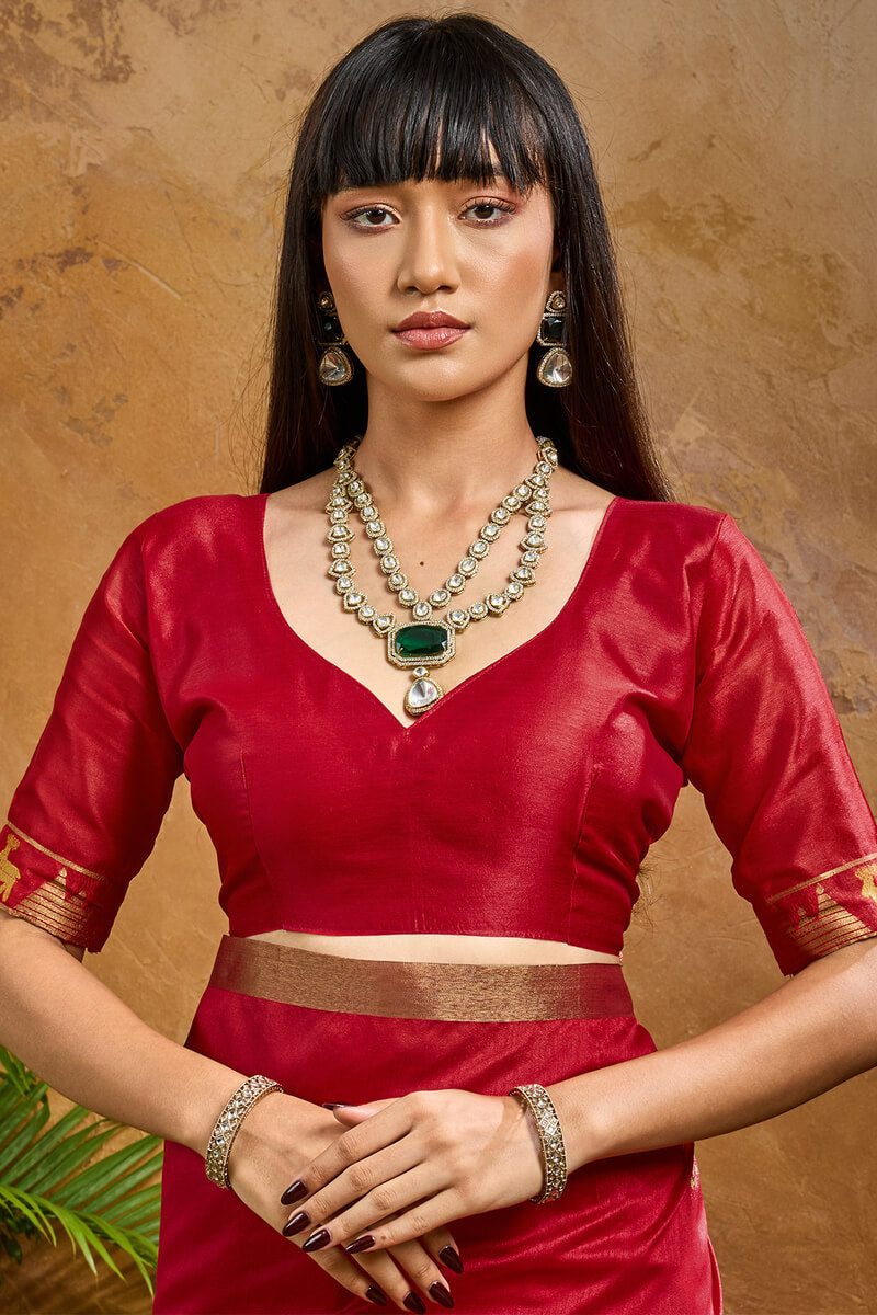 Ethnic Red Banarasi Tussar Silk Saree With Hypnotic Blouse Piece