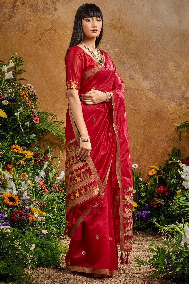 Ethnic Red Banarasi Tussar Silk Saree With Hypnotic Blouse Piece
