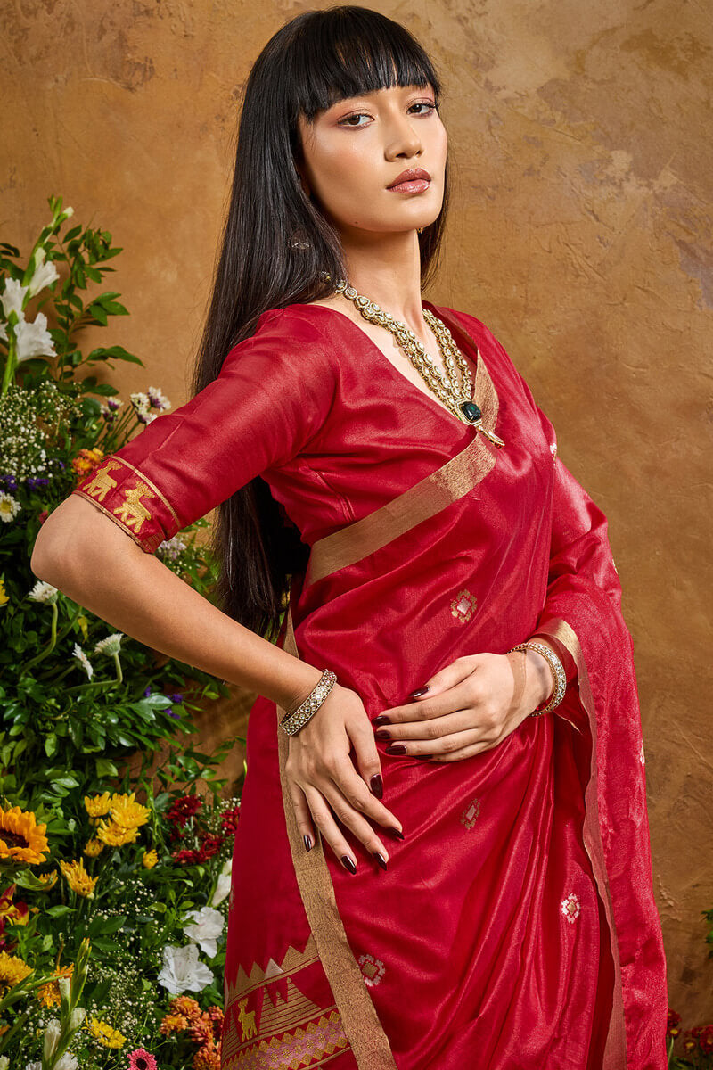 Ethnic Red Banarasi Tussar Silk Saree With Hypnotic Blouse Piece