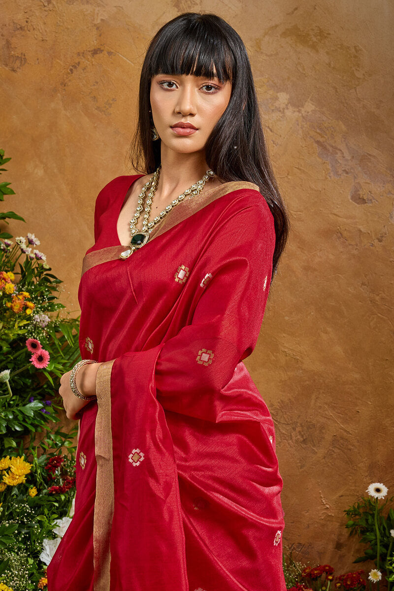 Ethnic Red Banarasi Tussar Silk Saree With Hypnotic Blouse Piece