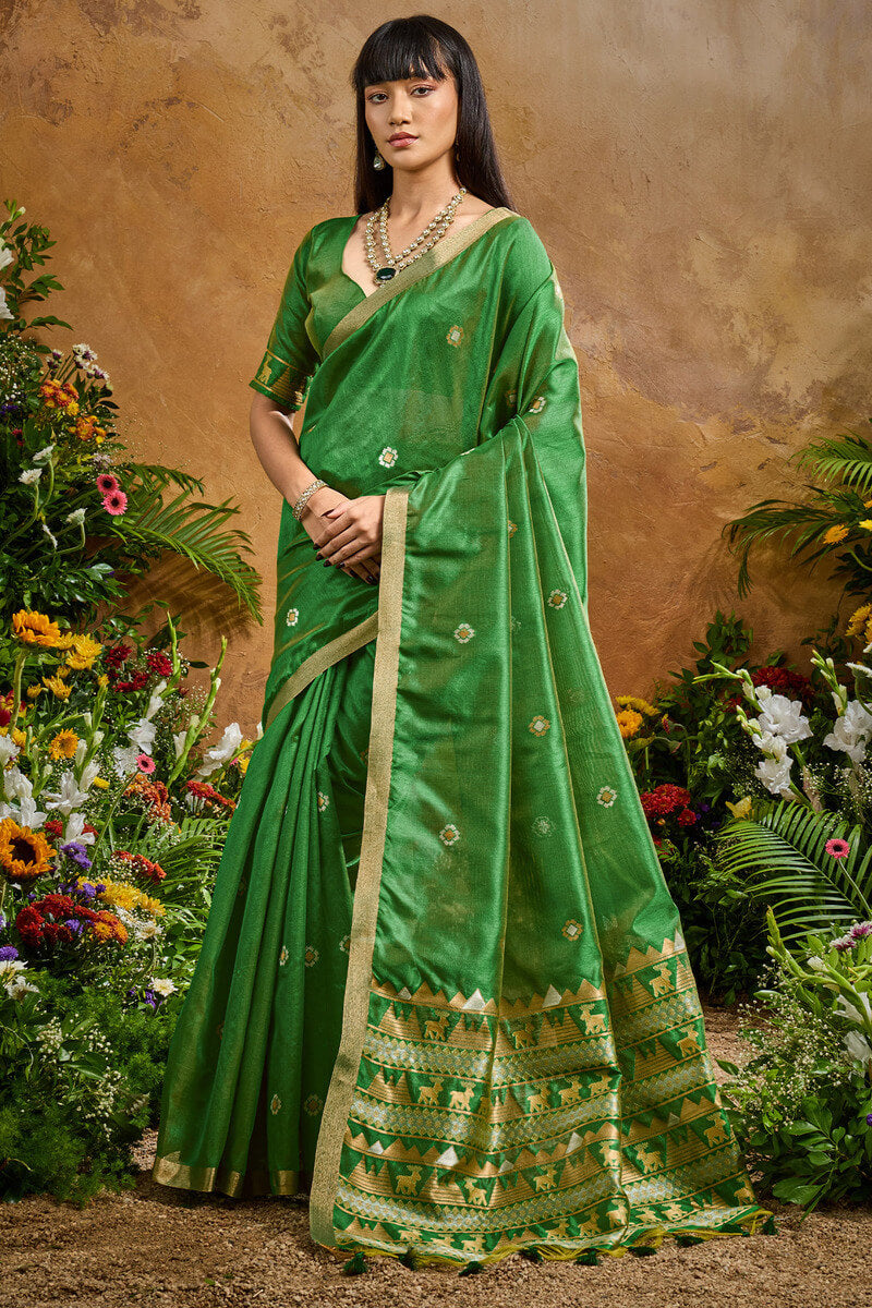 Traditional Green Banarasi Tussar Silk Saree With Glamorous Blouse Piece