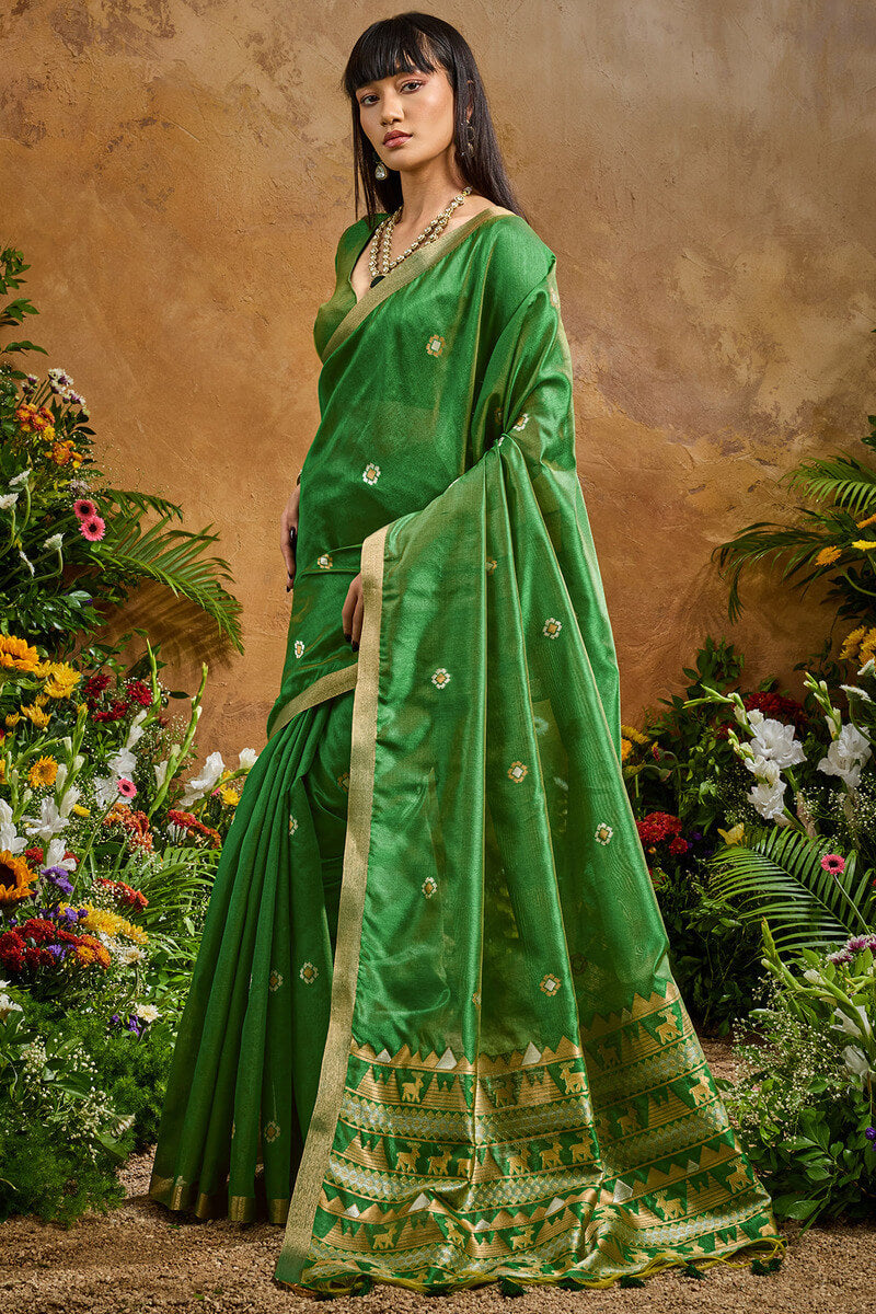 Traditional Green Banarasi Tussar Silk Saree With Glamorous Blouse Piece