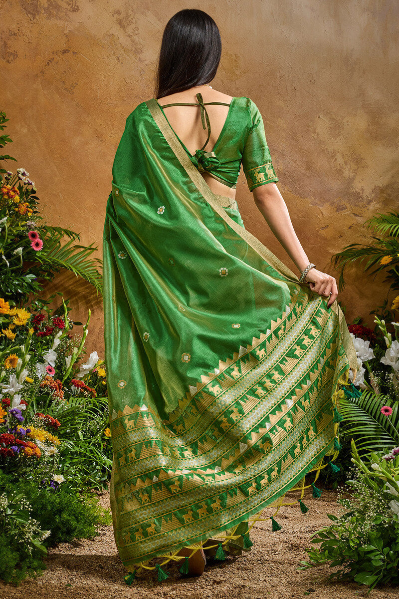 Traditional Green Banarasi Tussar Silk Saree With Glamorous Blouse Piece