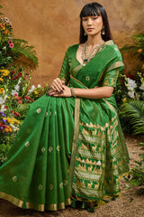 Traditional Green Banarasi Tussar Silk Saree With Glamorous Blouse Piece