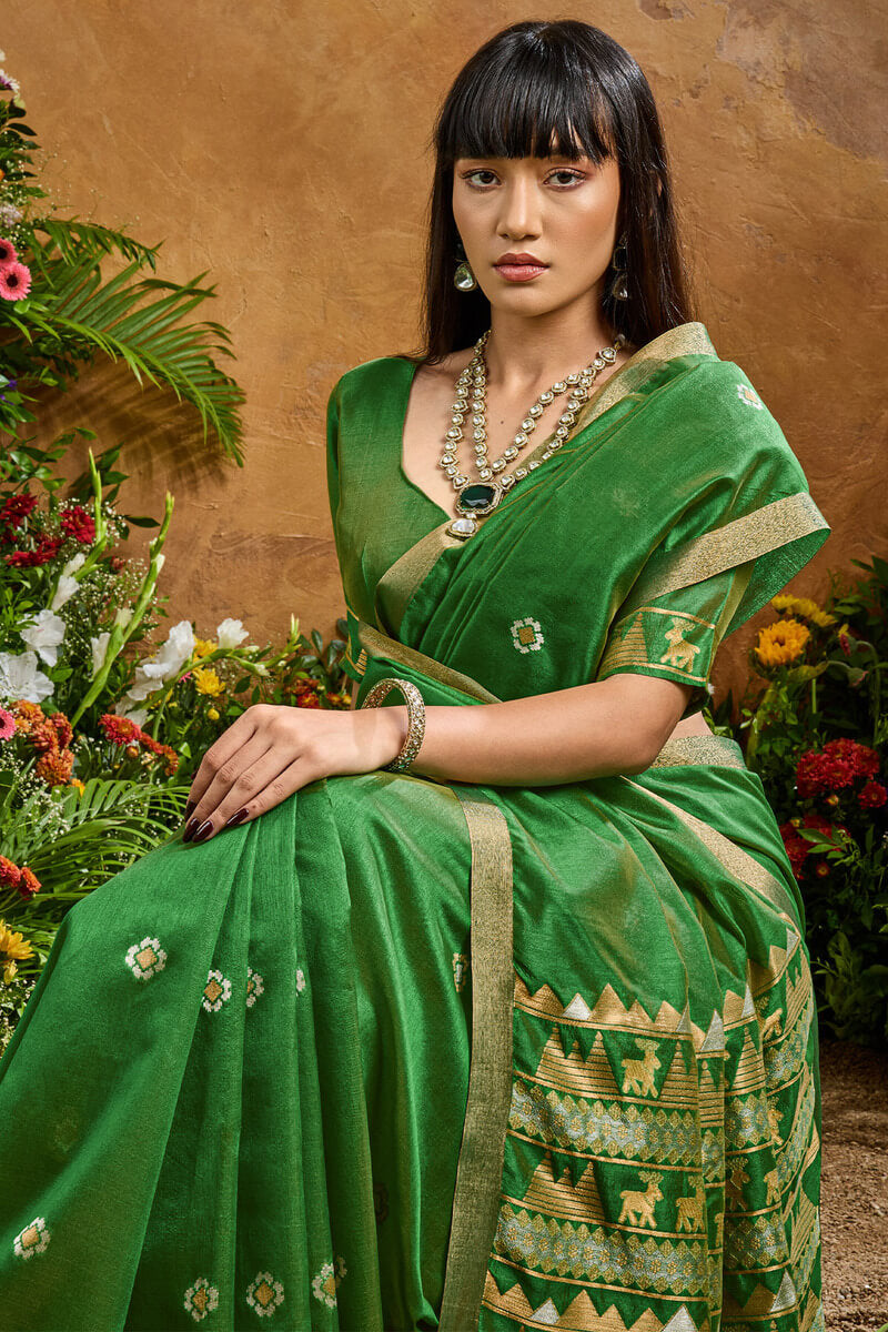 Traditional Green Banarasi Tussar Silk Saree With Glamorous Blouse Piece