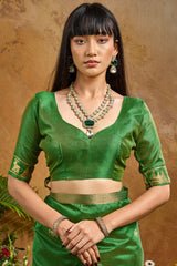 Traditional Green Banarasi Tussar Silk Saree With Glamorous Blouse Piece