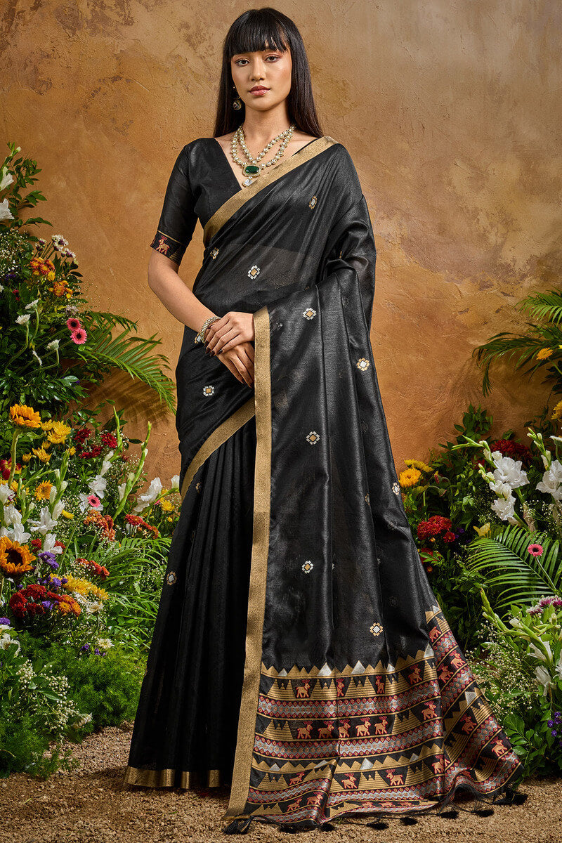 Opulent Black Banarasi Tussar Silk Saree With Nectarous Blouse Piece