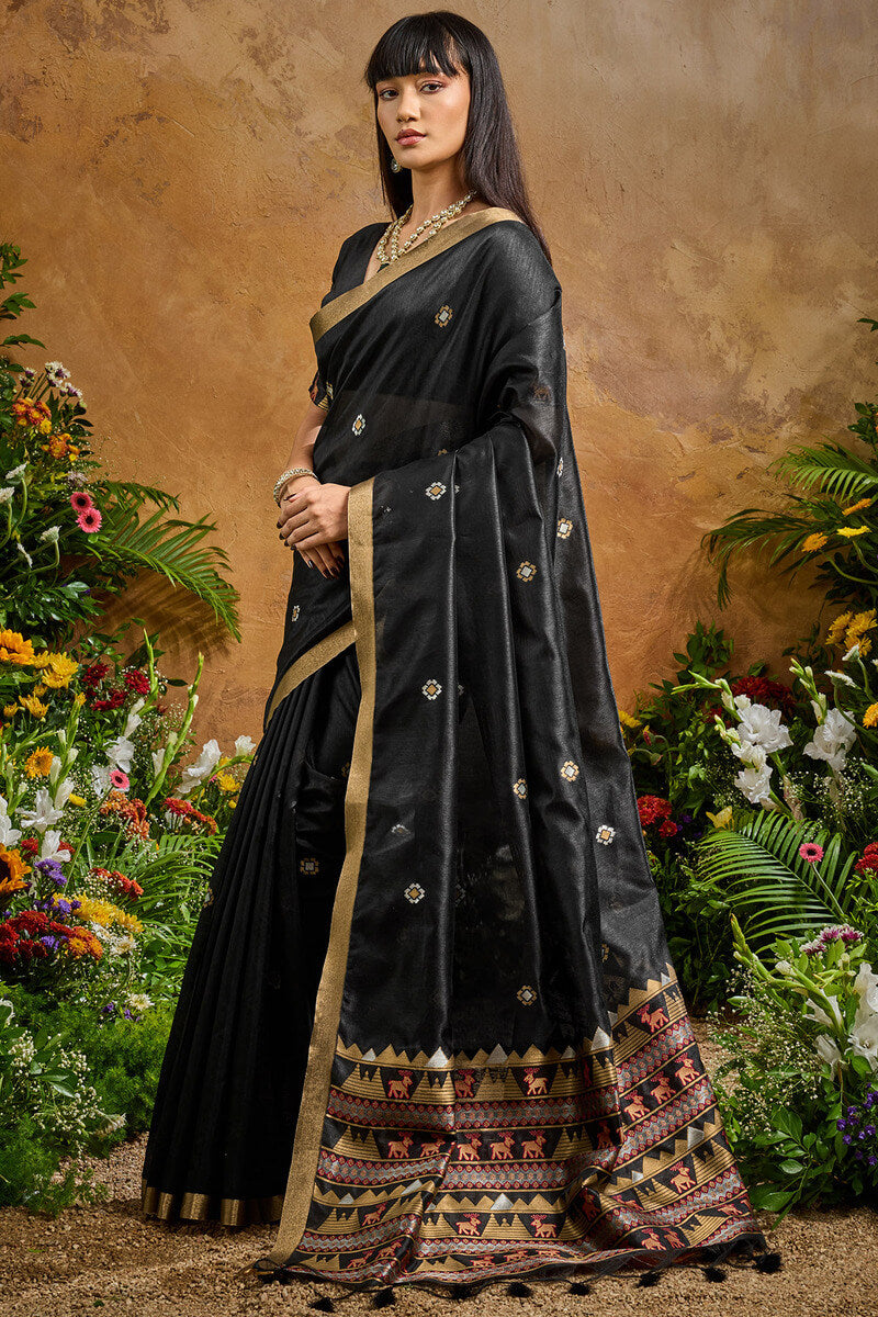 Opulent Black Banarasi Tussar Silk Saree With Nectarous Blouse Piece