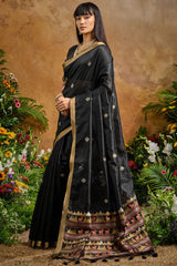 Opulent Black Banarasi Tussar Silk Saree With Nectarous Blouse Piece