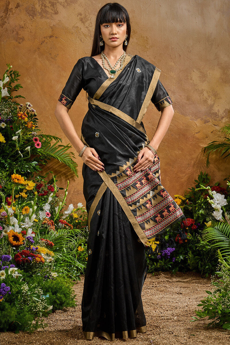 Opulent Black Banarasi Tussar Silk Saree With Nectarous Blouse Piece