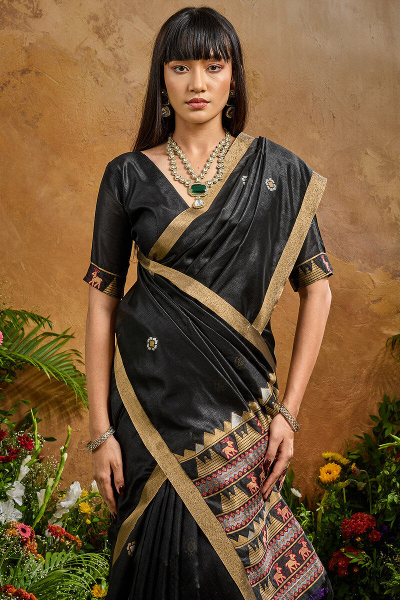Opulent Black Banarasi Tussar Silk Saree With Nectarous Blouse Piece