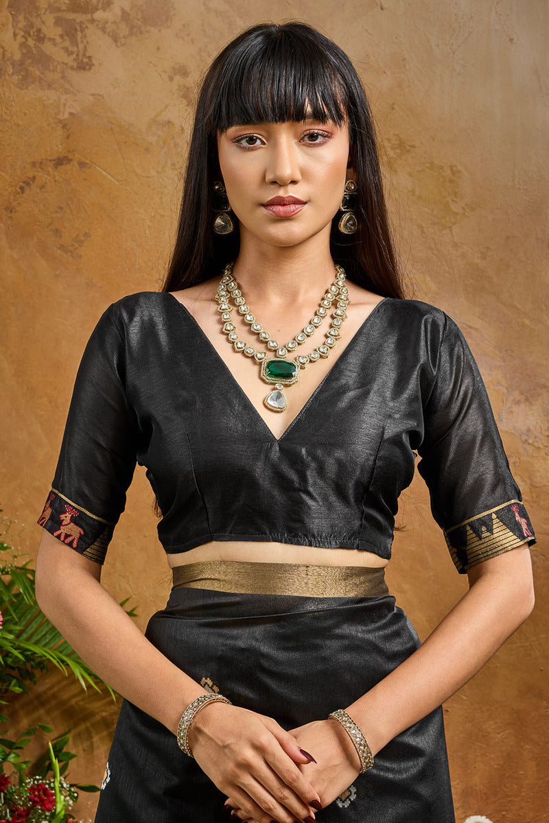 Opulent Black Banarasi Tussar Silk Saree With Nectarous Blouse Piece