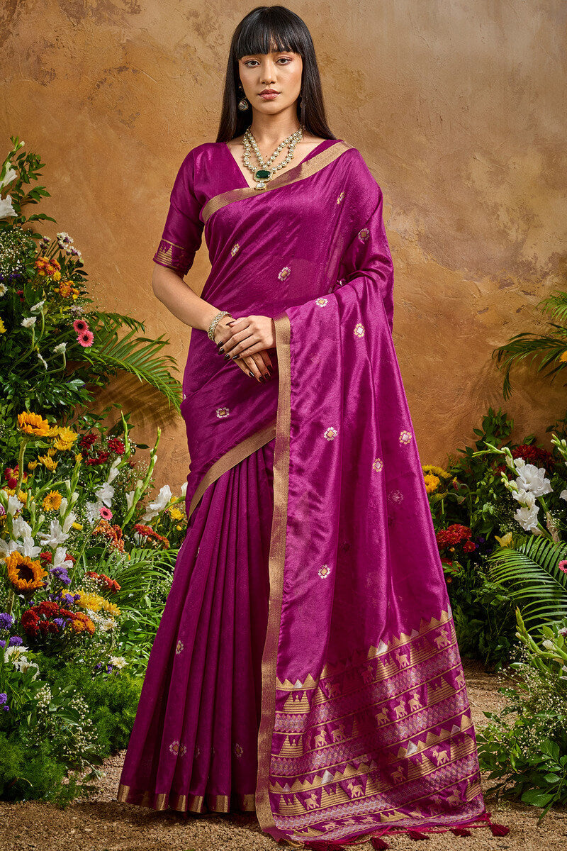 Ornate Purple Banarasi Tussar Silk Saree With Comely Blouse Piece