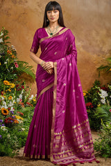 Ornate Purple Banarasi Tussar Silk Saree With Comely Blouse Piece