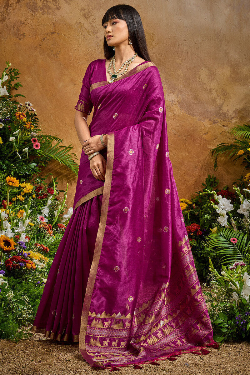 Ornate Purple Banarasi Tussar Silk Saree With Comely Blouse Piece