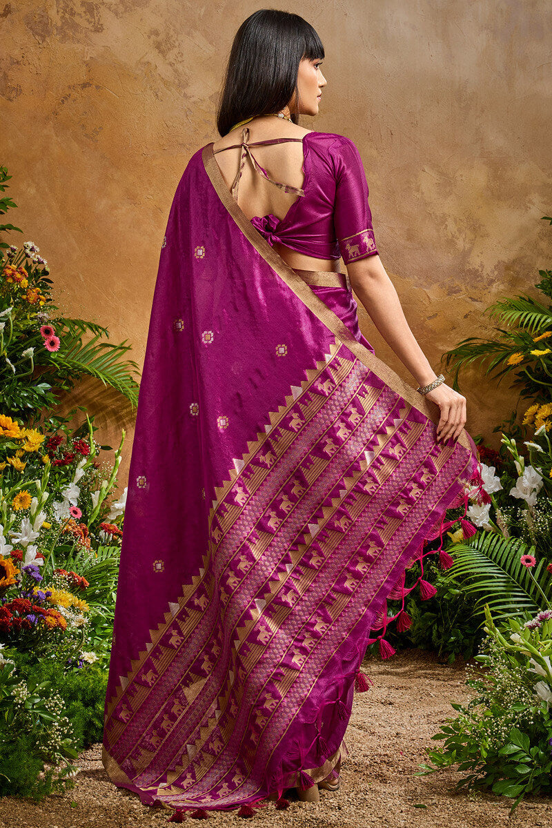 Ornate Purple Banarasi Tussar Silk Saree With Comely Blouse Piece