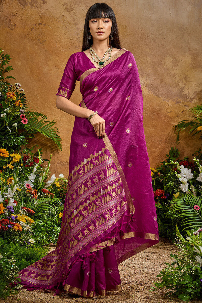 Ornate Purple Banarasi Tussar Silk Saree With Comely Blouse Piece