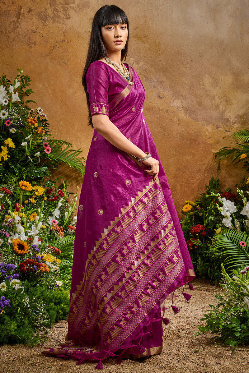 Ornate Purple Banarasi Tussar Silk Saree With Comely Blouse Piece