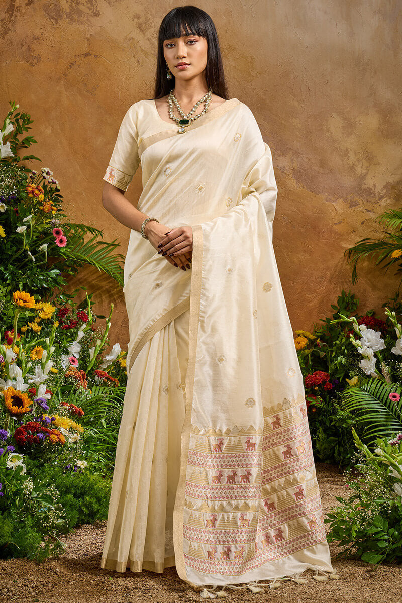 Engrossing Beige Banarasi Tussar Silk Saree With Appealing Blouse Piece