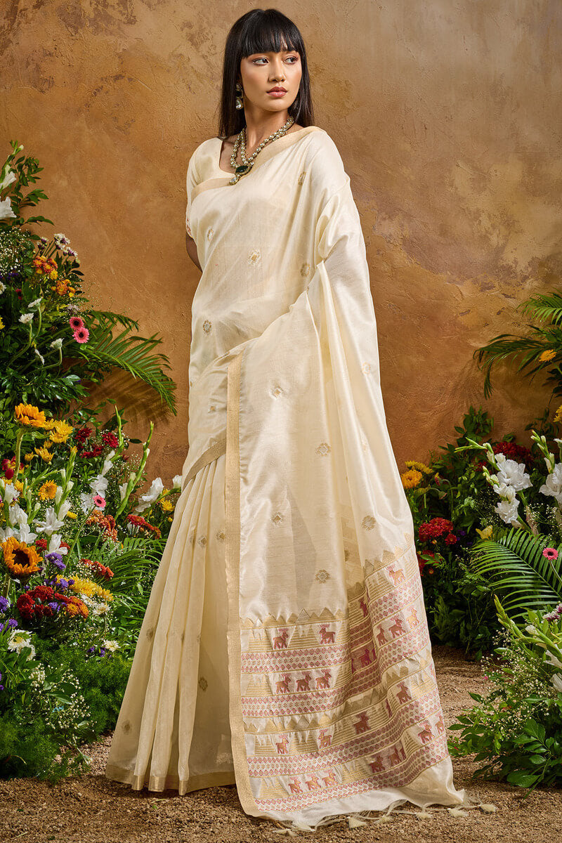 Engrossing Beige Banarasi Tussar Silk Saree With Appealing Blouse Piece