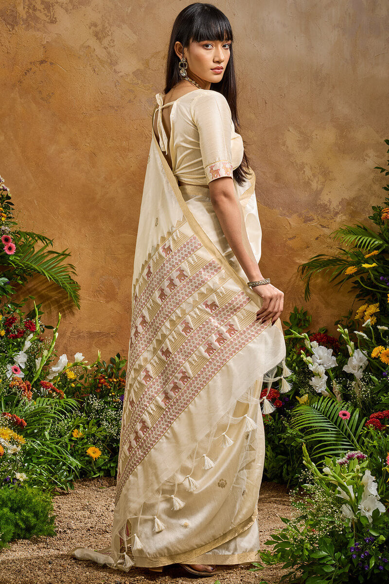Engrossing Beige Banarasi Tussar Silk Saree With Appealing Blouse Piece