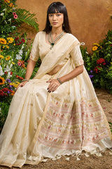 Engrossing Beige Banarasi Tussar Silk Saree With Appealing Blouse Piece