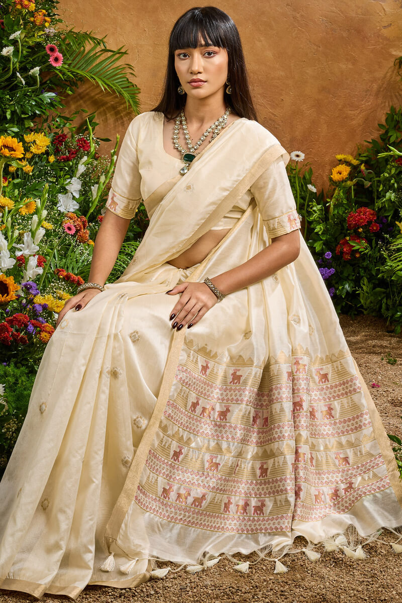 Engrossing Beige Banarasi Tussar Silk Saree With Appealing Blouse Piece