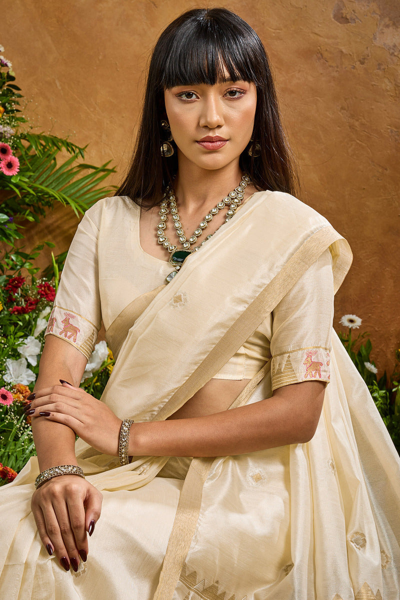 Engrossing Beige Banarasi Tussar Silk Saree With Appealing Blouse Piece