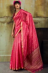 Hypnotic Pink Banarasi Handloom Silk Saree With Divine Blouse Piece
