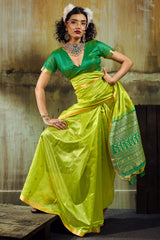 Ebullience Parrot Banarasi Handloom Silk Saree With Panoply Blouse Piece