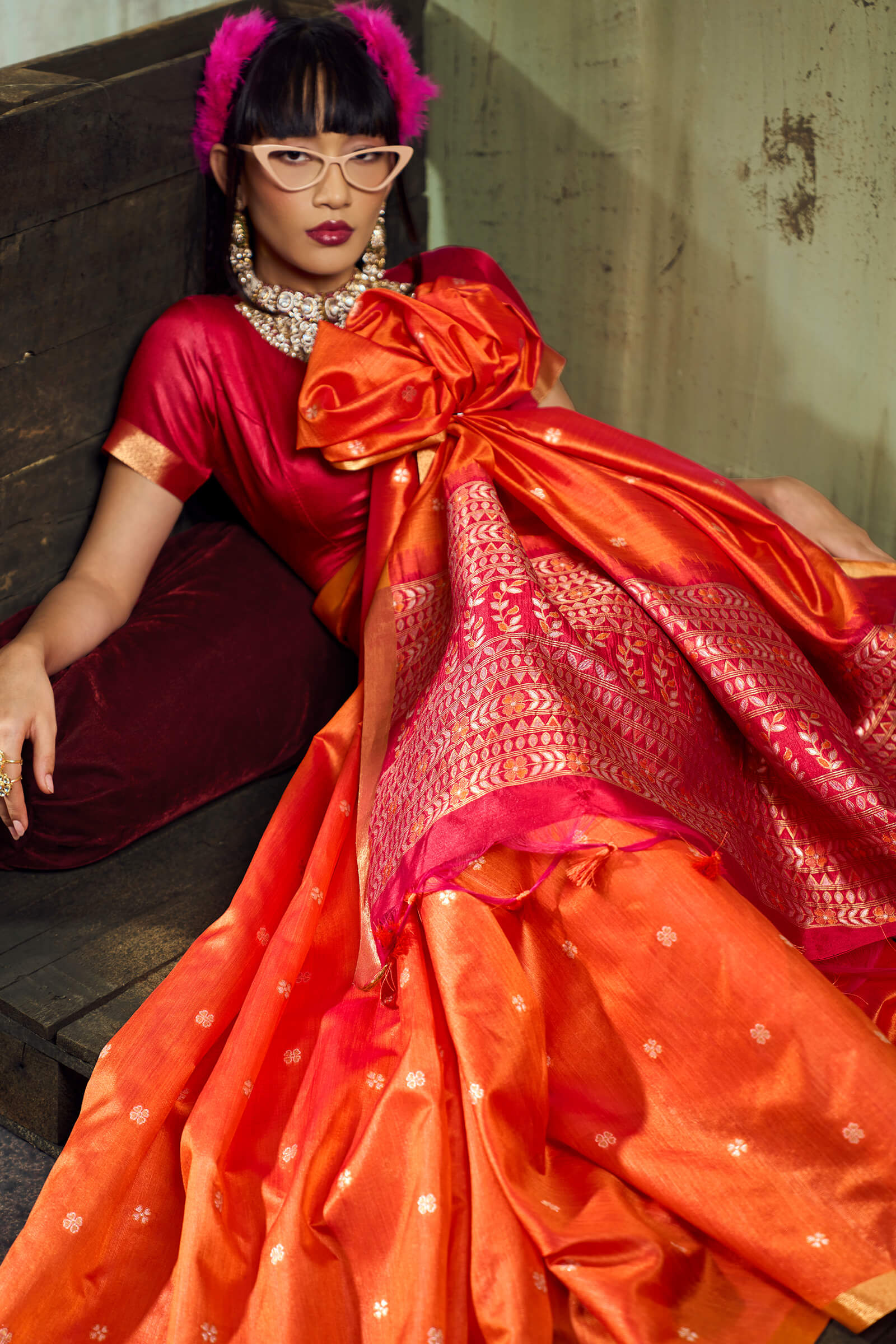 Denouement Orange Banarasi Handloom Silk Saree With Splendorous Blouse Piece