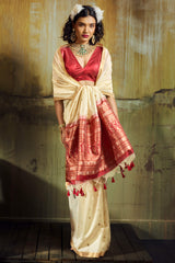 Seraphic Beige Banarasi Handloom Silk Saree With Flattering Blouse Piece